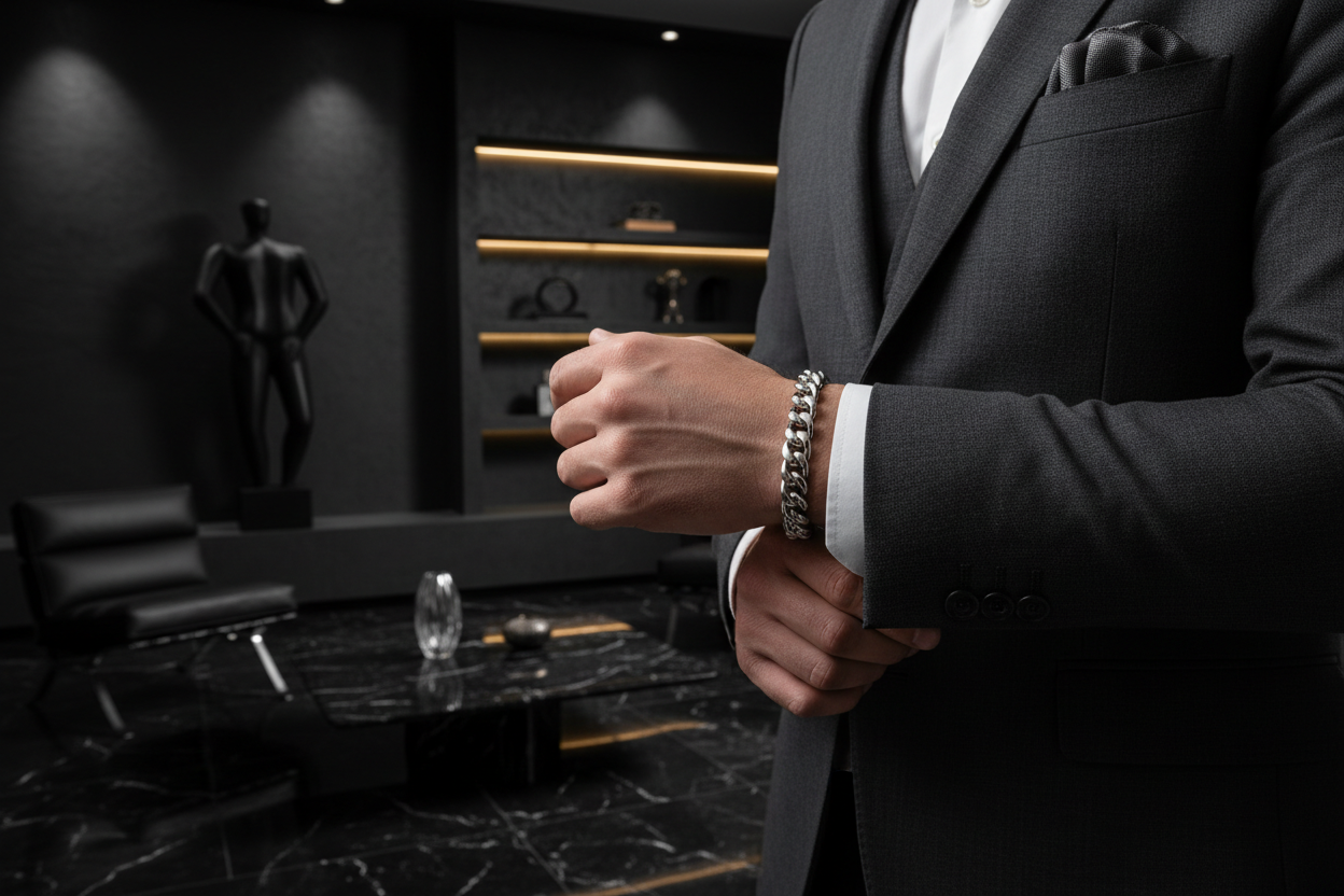 homme qui porte un Bracelet “Cuban Silver” – Acier Argent avec un fond de luxe noir mat qui est dans une maison de luxe noir mat 